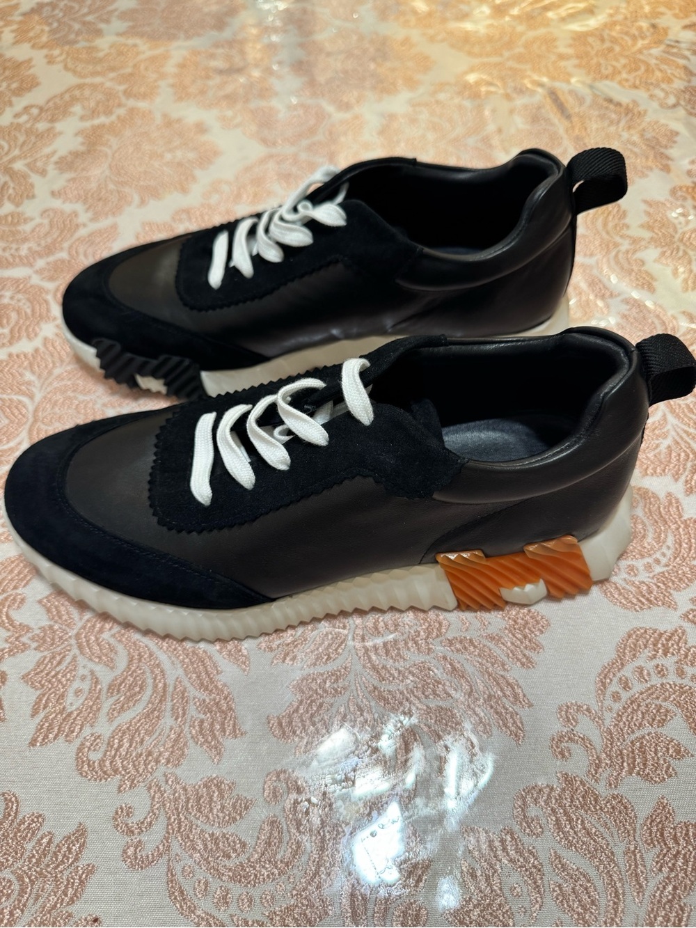 Hermes Black Leather and Suede Sneakers with White Laces and Orange Accent